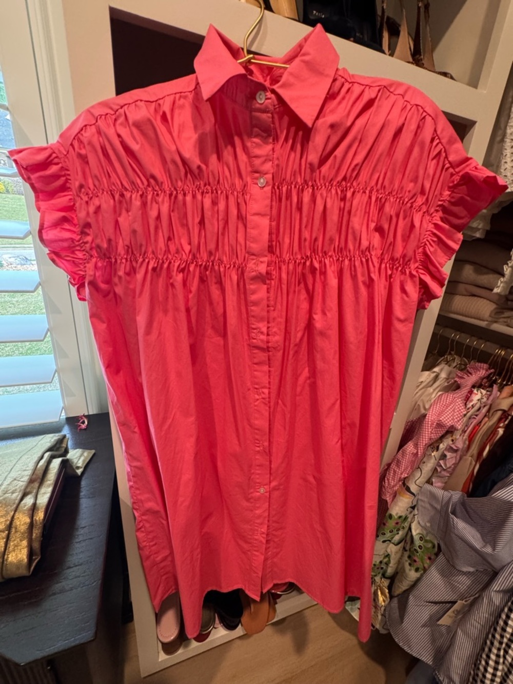 Pink Shirred Button-Front Mini Dress